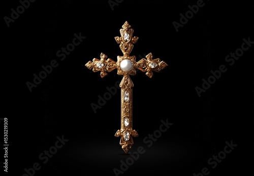 Ornate gold cross pendant with pearl and gemstones.