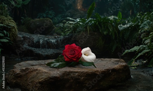 Romantic red rose and white calla lily on stone.