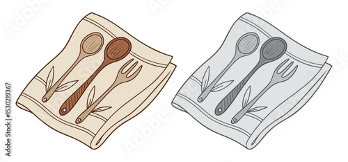 Two illustrated napkins with wooden utensils including spoons and a fork set in a minimalist style