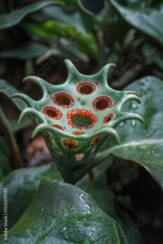Exotic hydnora africana plant with red holes, close-up.