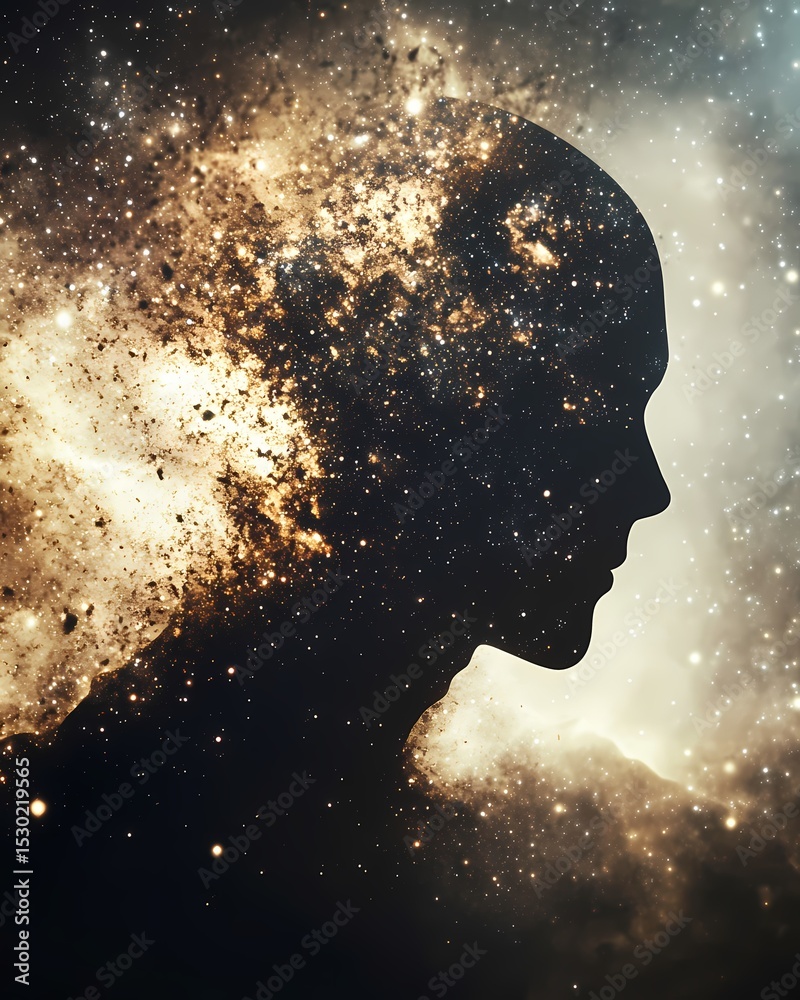 Obraz premium Cosmic body silhouette emerging from stardust, filled with dark matter and soft glowing galaxies