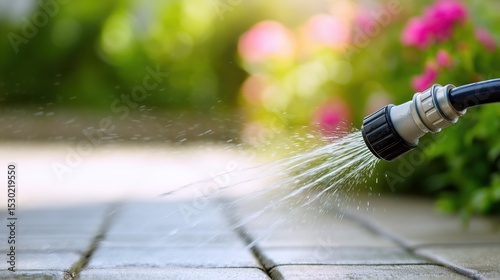Close-up of a garden hose nozzle spraying a fine mist of water onto a clean stone walkway 
