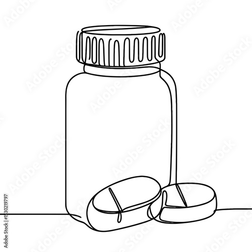 Pill bottle and tablets in line art style symbolizing health and medication