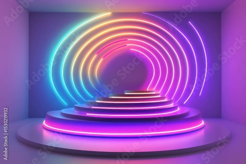 Illuminated Platform with Concentric Neon Rings in a Modern Minimalist Space