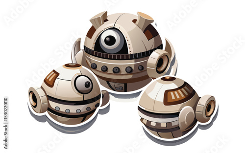 Three cartoonish robot drones with futuristic mechanical designs in a vector illustration