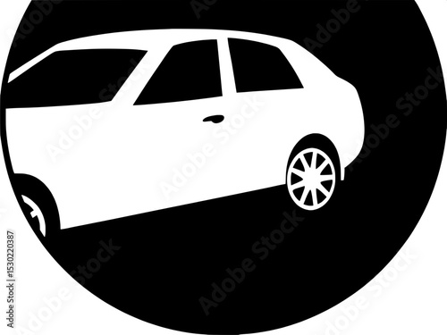 "Basic vector emblem of a sedan, white side-view silhouette against a black background, oval framing, minimal detail focused on body and wheel shape."



