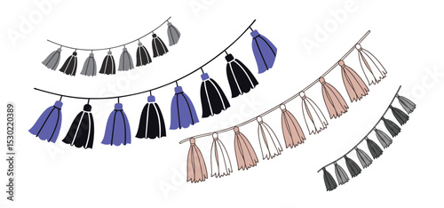 Vector illustration featuring a collection of decorative tassel garlands in diverse color schemes suitable for various creative projects