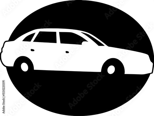 "Basic vector emblem of a sedan, white side-view silhouette against a black background, oval framing, minimal detail focused on body and wheel shape."



