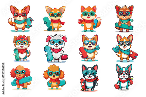 Adorable cartoon dogs sporting sunglasses and skateboards in playful and fun illustrations