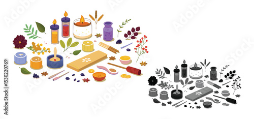 Vector illustration of candles and aromatherapy elements with botanical decorations and leaves in a flat style