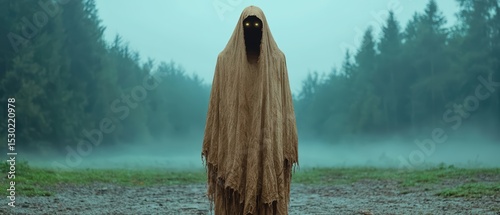 Eerie figure in a shroud with glowing eyes.