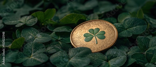 Lucky shamrock coin nestled among lush green clover leaves.
