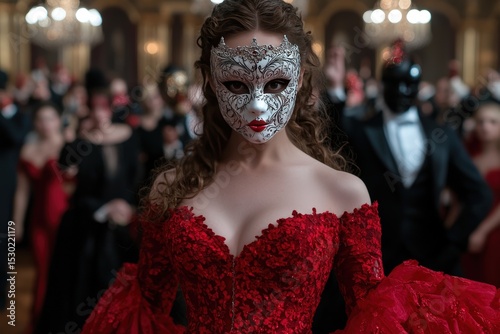 Elegant woman in masquerade mask at grand ball.
