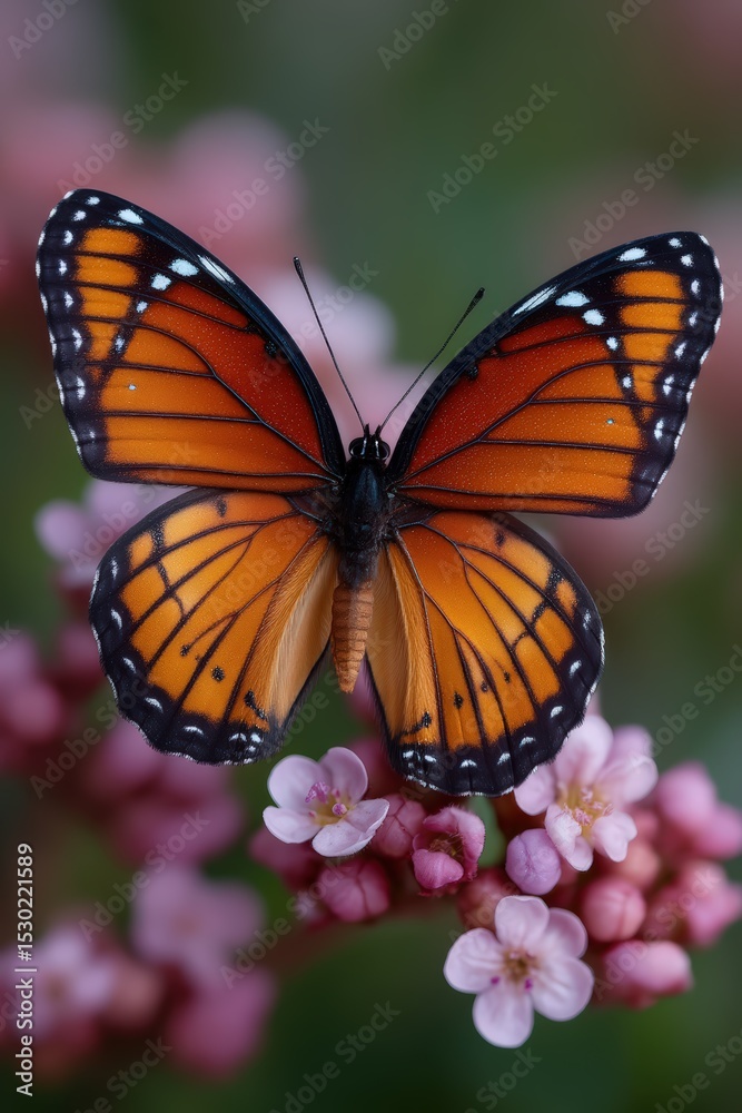 Fototapeta premium Viceroy butterfly gracefully rests on delicate pink blossoms.