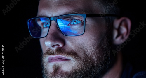 Man wearing glasses with blue light reflection in eyes.