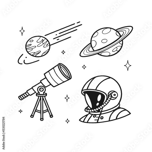 Space and Astronomy Outline Icons Set. Planets, Telescope, and Astronaut Helmet