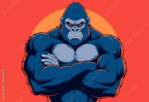 Muscular Gorilla with Angry Eyes, Crossed Arms, Vibrant Red Background