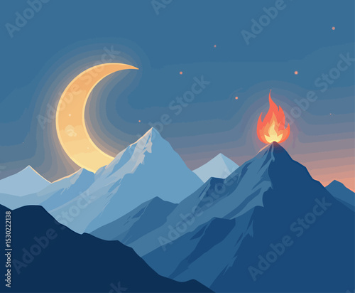 Moonlit Mountain Peak with Volcanic Flame