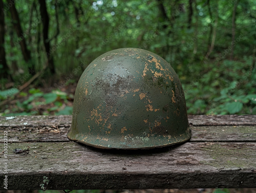Obraz premium Weathered military helmet rests on a mossy wooden surface.