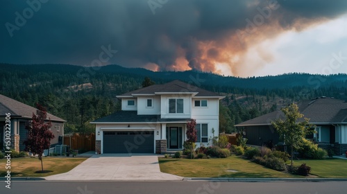 Modern suburban two-story house in a quiet residential neighborhood, dramatic background with visible wildfire burning on forested hills