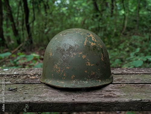Weathered military helmet rests on a mossy wooden surface.
