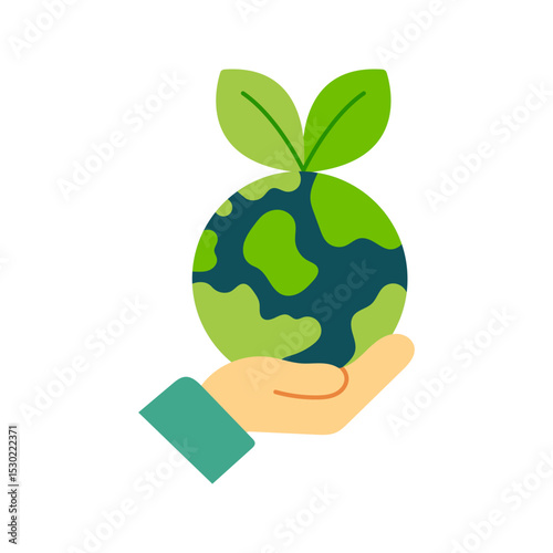 Hand holding green earth with growing leaves. Eco-friendly concept