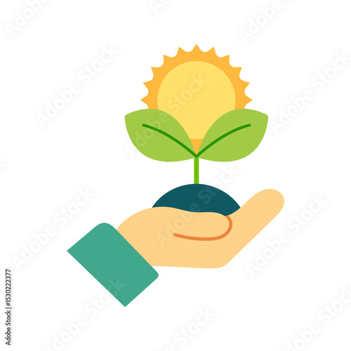 Hand holding growing plant with sun shining above. Eco-friendly concept