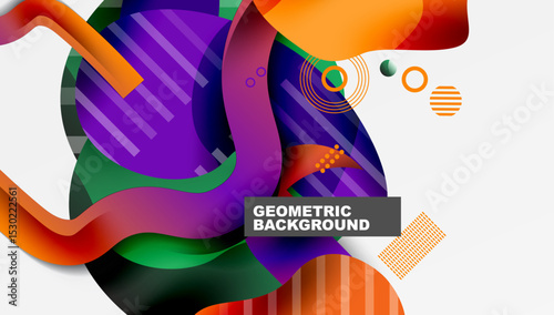 Abstract design features vibrant shapes, gradients, lines. Modern composition with dynamic color palette, geometric elements.