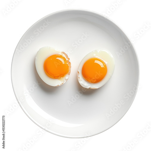 Two halved soft boiled eggs on plate isolated on transparent background