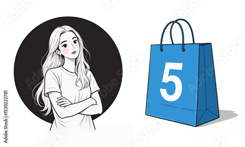 Pensive Woman with Blue Shopping Bag Number Five