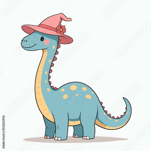 Playful Dinosaur in Witch Hat, Springtime Joy