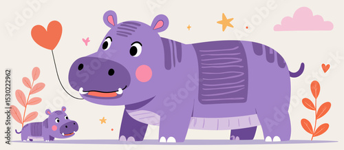 Playful Hippo Family in Whimsical Nature