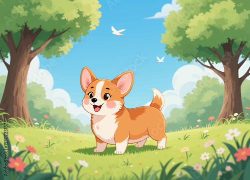 Playful Corgi Puppy in Spring Meadow with Flowers and Birds