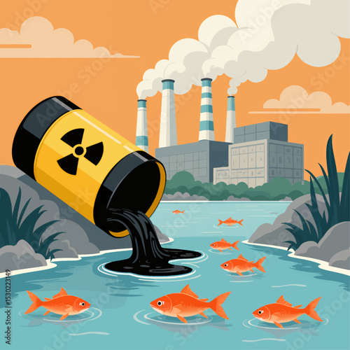 Polluted River with Oil Spill and Fish