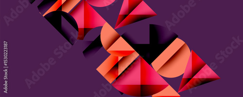Abstract geometric shapes form stylized text. Pink, orange hues contrast against purple background. Modern design, bold composition.
