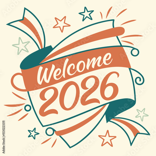 Retro badge reading “Welcome 2026” with ribbon and stars, bright colors & SVG
