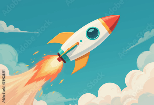 Rocket Launching Through Clouds with Bright Flames