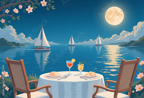 Romantic Seaside Dinner under Moonlit Night with Sailboats