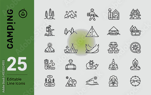 Camping Icon Set: A comprehensive collection of 25 editable line icons perfectly illustrates essential outdoor activities, providing a versatile toolkit for any design project. 