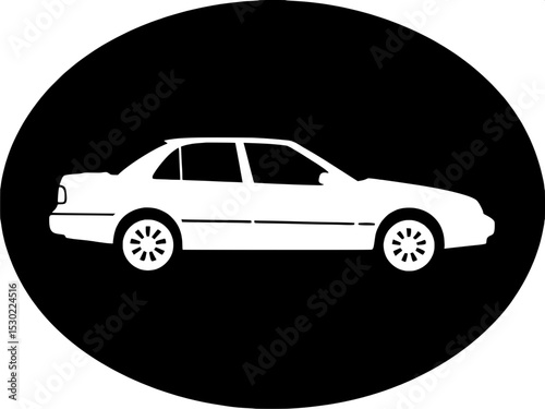 "Silhouette icon of a four-door sedan in profile, white against black, centered in an oval frame, graphic style with minimalist wheel and window detailing."




