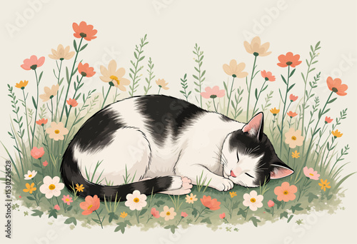Sleeping Cat in Wildflowers, Peaceful Meadow Scene