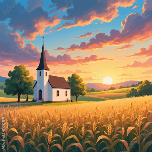 Serene Sunset Over Golden Fields with Church