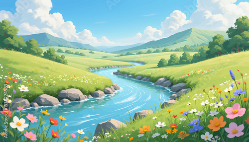 Serene River Valley with Wildflowers and Green Hills