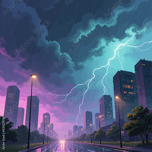Stormy Cityscape: Lightning Illuminates Skyscrapers in Rainy Night