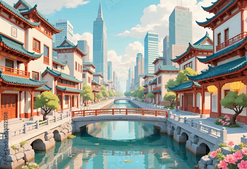 Traditional Asian Canal in Modern Cityscape with Serene Water and Bridge