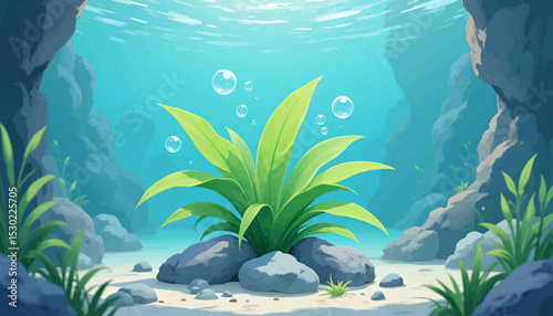 Underwater Serenity: Coral Reef with Bubbles and Green Plant
