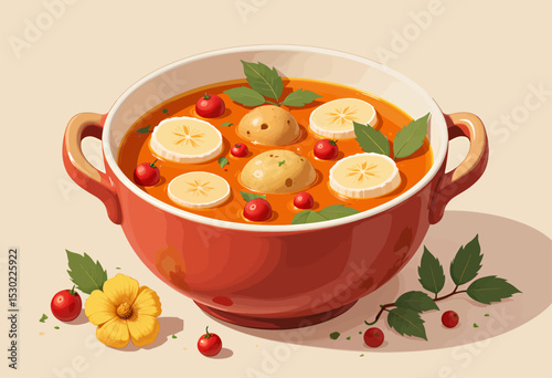 Vibrant Fruit Soup in Autumn Bowl with Fresh Berries and Leaves