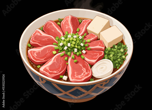 Vibrant Beef Bowl with Tofu and Green Onions in Traditional Japanese Style