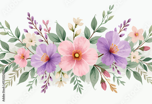 Watercolor Floral Bouquet with Pink and Purple Blooms