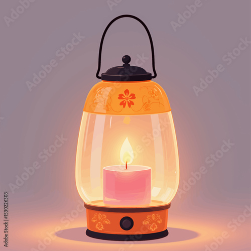 Warmly Lit Lantern in Sunset Glow with Floral Design